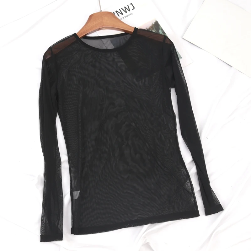 トップス MESH PANEL LONG SLEEVE TEE New Black Sexy Women T Shirt See Through Transparent Punk