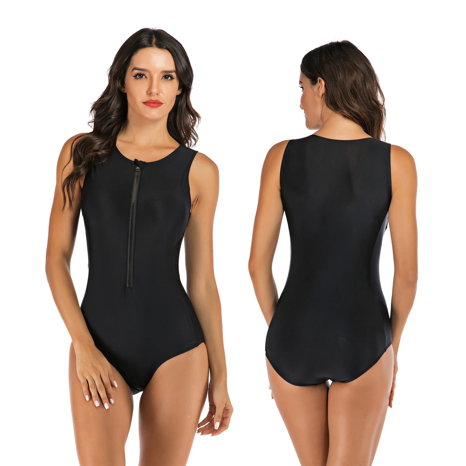 

Sleeveless Rash Guard Women Zipper One Piece Swimsuit Plus Size Print Swimwear Push Up Swim Suit High Neck Monokini Black Surf