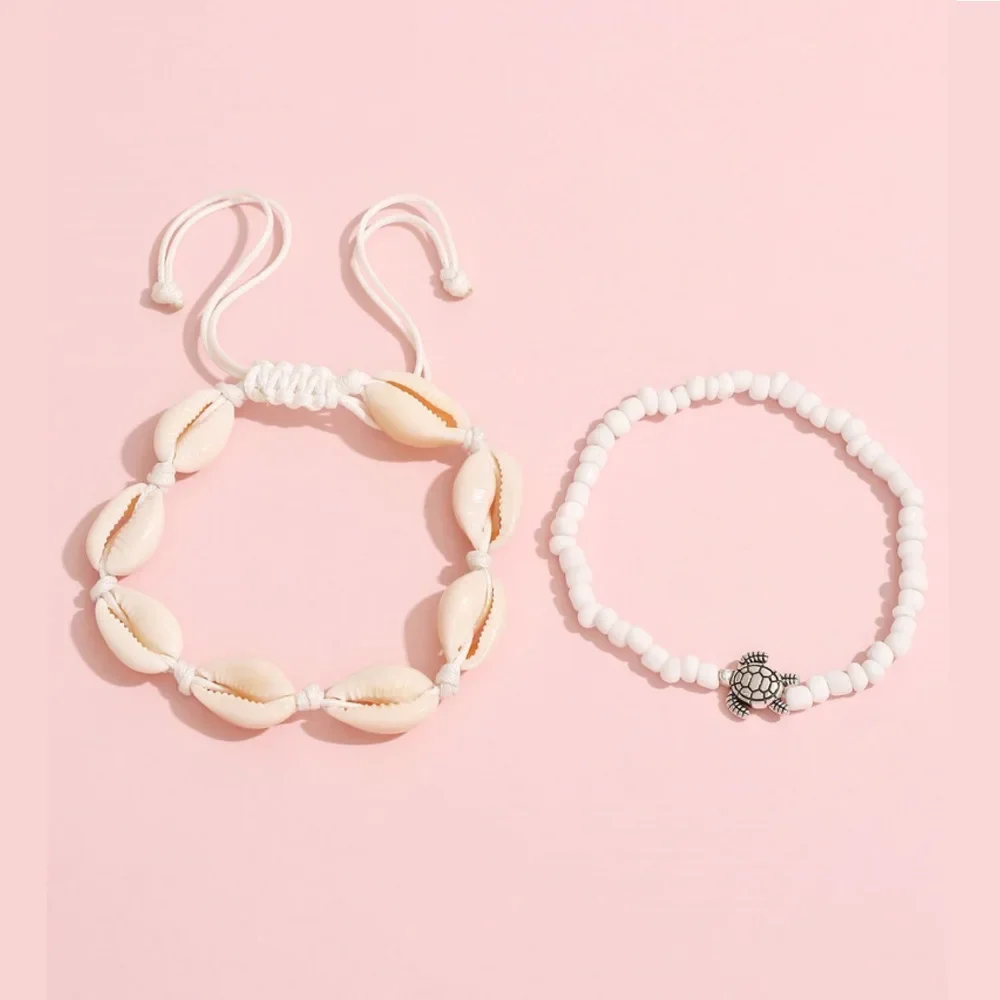 Ankle Chains Bohe Ethnic Braided Rope Chain Rice Beads Anklets Set For Women Girls Turtle Charm Foot Chain 2PCS beads anklet