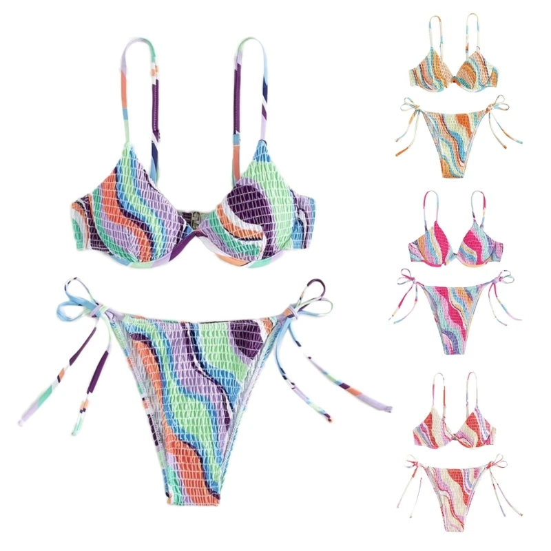 

Womens Sexy Printing Bikinis Sets Adjustable Straps Swimsuits High Cut Pleated Swimwear Low Waist Bikinis Bathing Suits