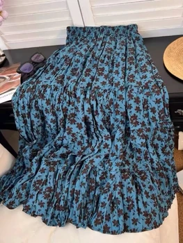 تنانير صيفية عالية الخصر بطول الكاحل لعام 2025 بخصر مطاطي عتيق مطبوع عليها طيات تنورة فضفاضة على شكل حرف A مع بطانة Y2k ملابس الشارع 5