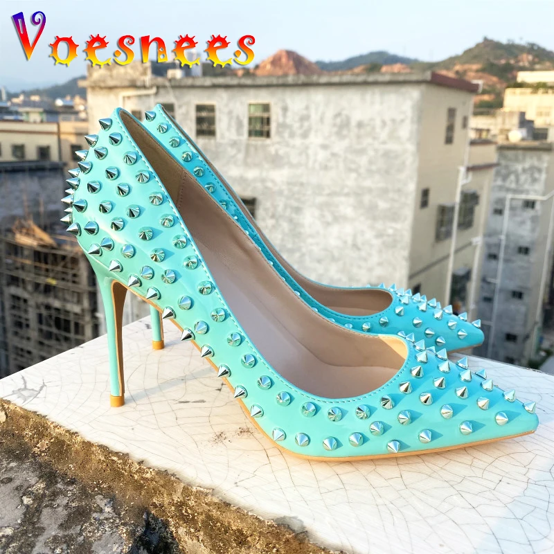 

Luxury Brand Women's Blue High Heels 2024 New Fashion Pointed Sexy Single Shoes Silver Rivet 10CM Trend Stage Pumps Plus Size 43