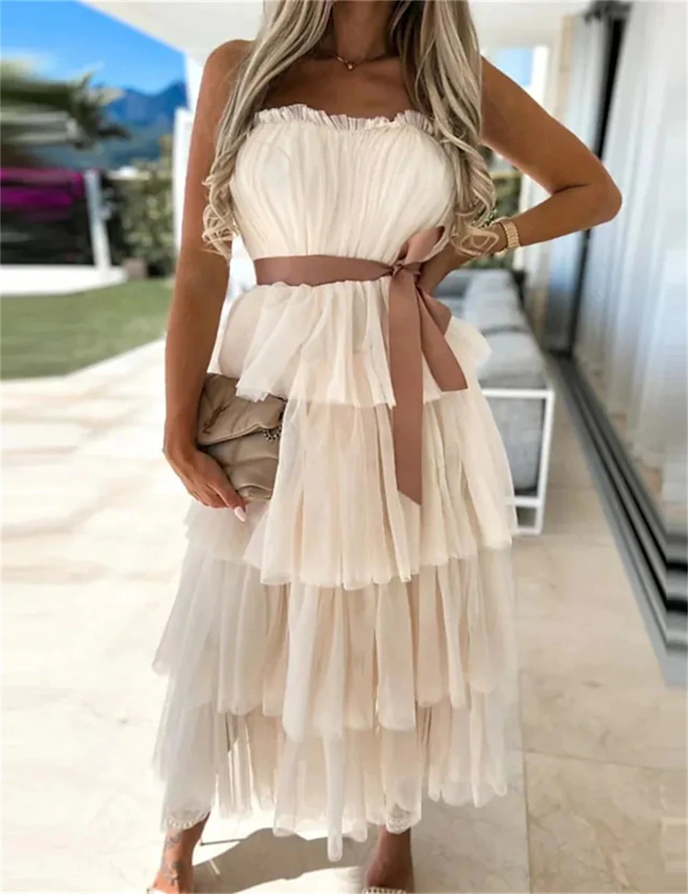 

2024 Modern Fashion Strapless Prom Dresses Sleeveless Straight Backless Ankle-Length Tiered Organza Evening Party Gown for Women