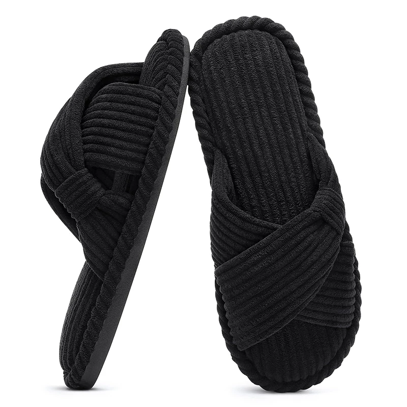 Corduroy Open Toe Slippers with Memory Foam for Women