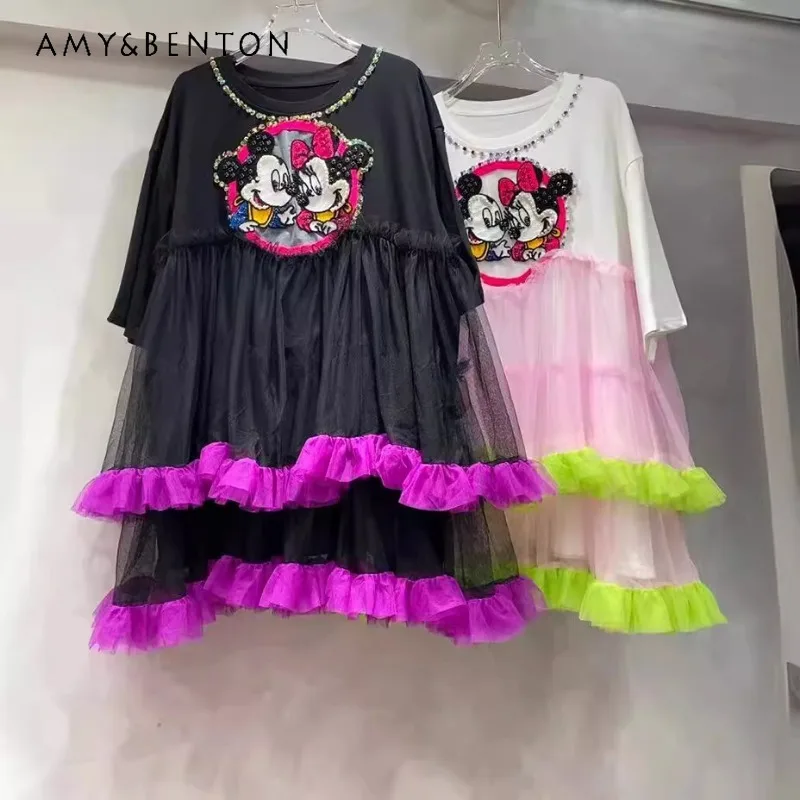 New Sweet Design Vestidos Cartoon Loose Slimming Short-Sleeved T-shirt Female Summer Stitching Mesh Bubble Cute Anti-Aging Dress