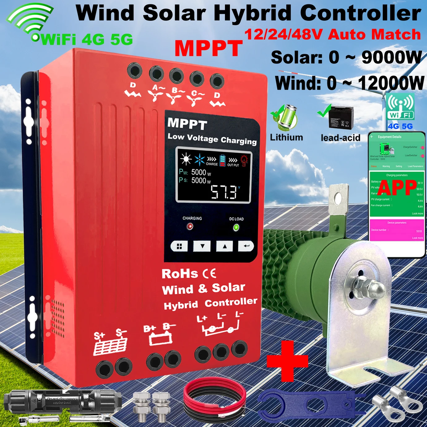 MPPT 풍력 태양광 하이브리드 충전 컨트롤러 풍력 5000W 및 태양광 3000W..