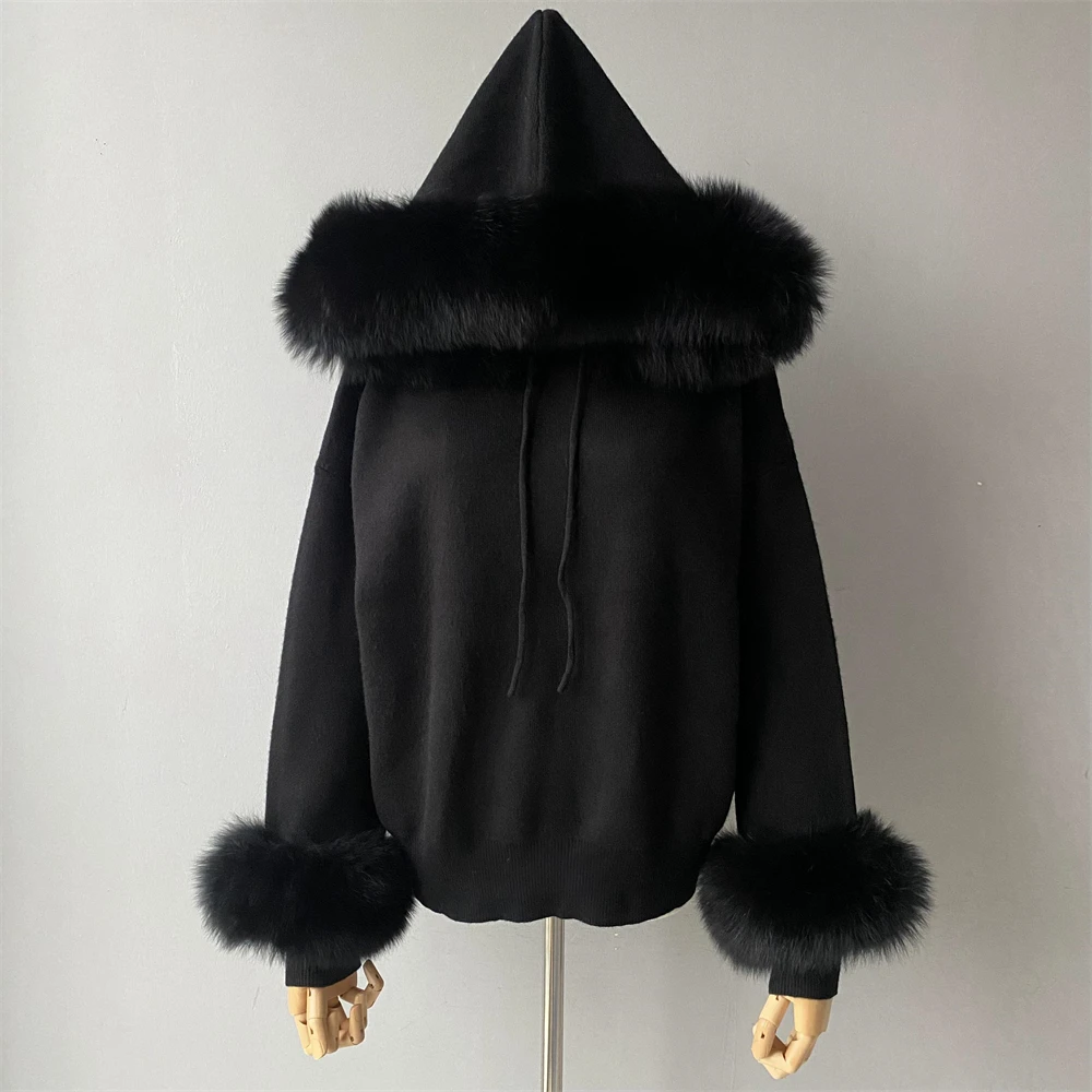 Women's casual two piece outfit with hood and fur cuffs