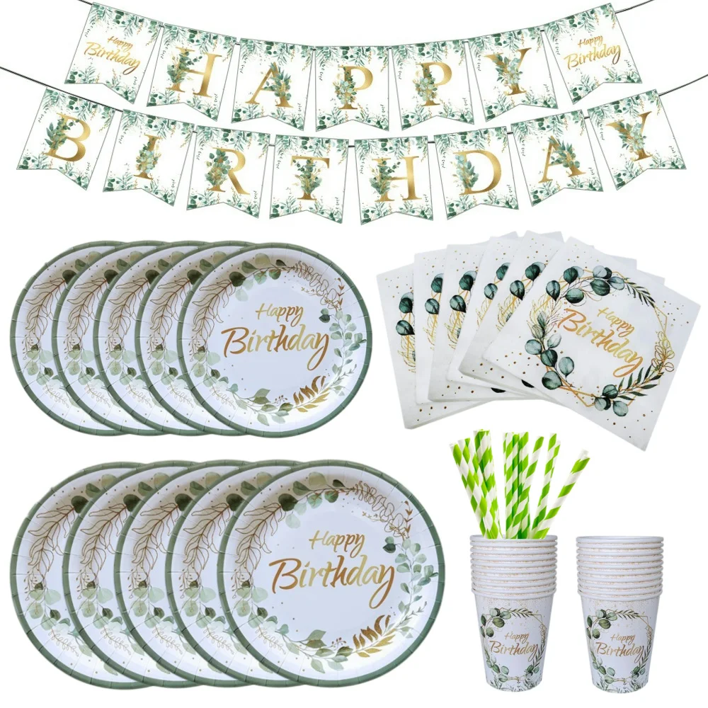 Eukalyptus blätter Einweg geschirr Set grünes Blatt Papp teller Tasse Serviette Tischdecke Mädchen Junge Geburtstags feier Dekoration – Detail 1