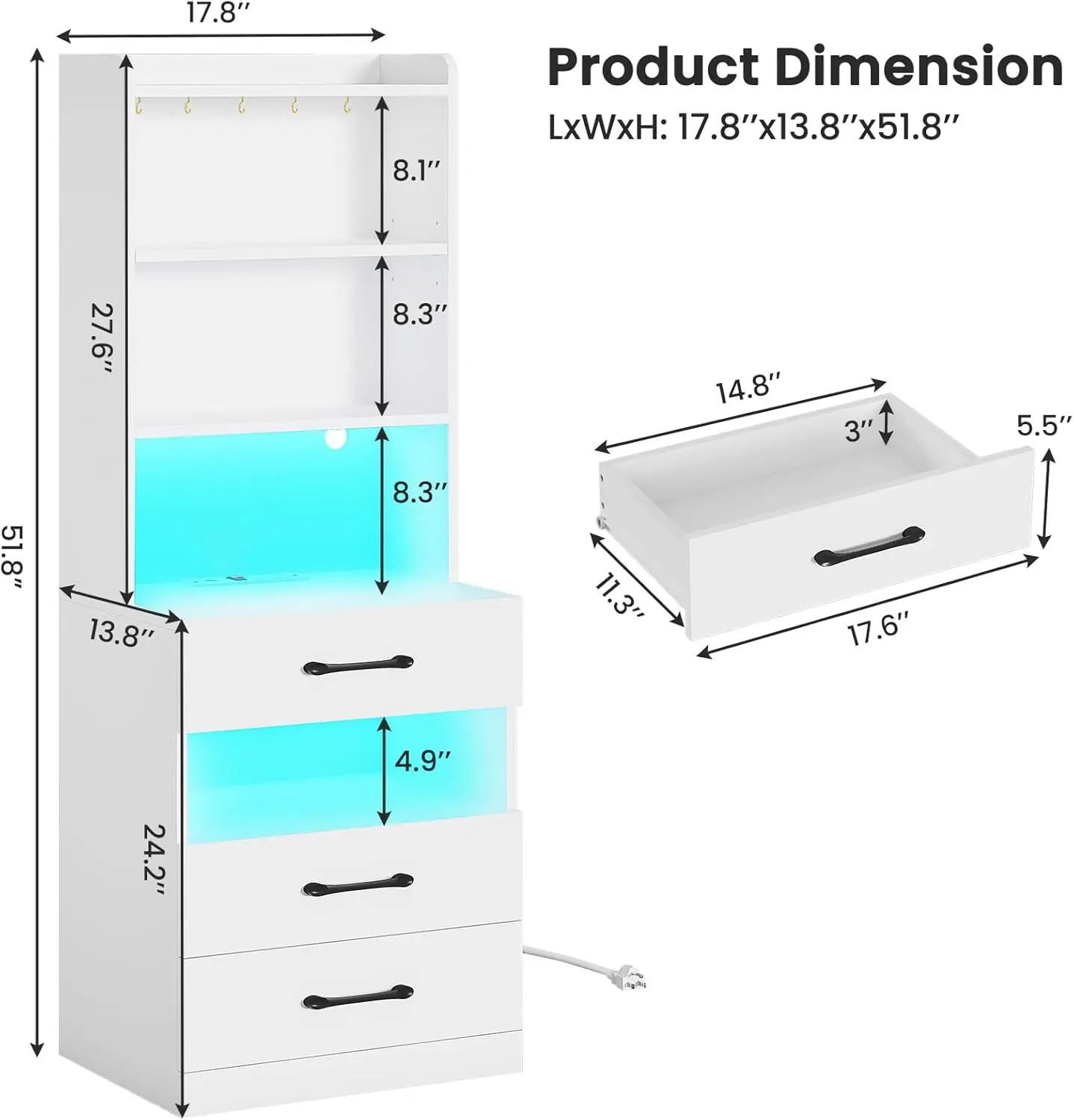Tall Nightstand Set of 2 with Charging Station and LED Lights, White Night Stand Set 2 with Bookshelf, Modern LED Bedside Table