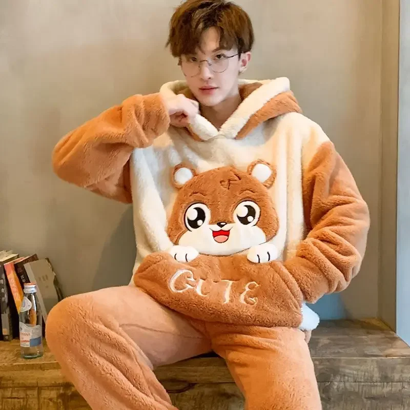 Youth Sleep Clothes Suit Coral Plush Nightwear Large Size Pajamas Men Autumn Winter Flannel Thick Younger Male Cute Homewear Set