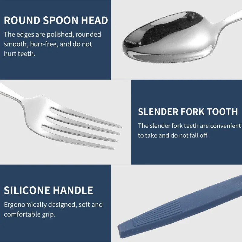 3Pcs Stainless Steel Cutlery Set Polishing Fork Spoon Set Silicone Handle Western Tableware Fork Tea Spoon Kitchen Dinnerware