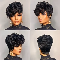 1B #   Perruque de cheveux humains coupe lutin pour femmes, 6 pouces, couches courtes, amples et bouclées avec frange, densité 180%, cheveux brésiliens Remy, bonnet en filet Rose 6