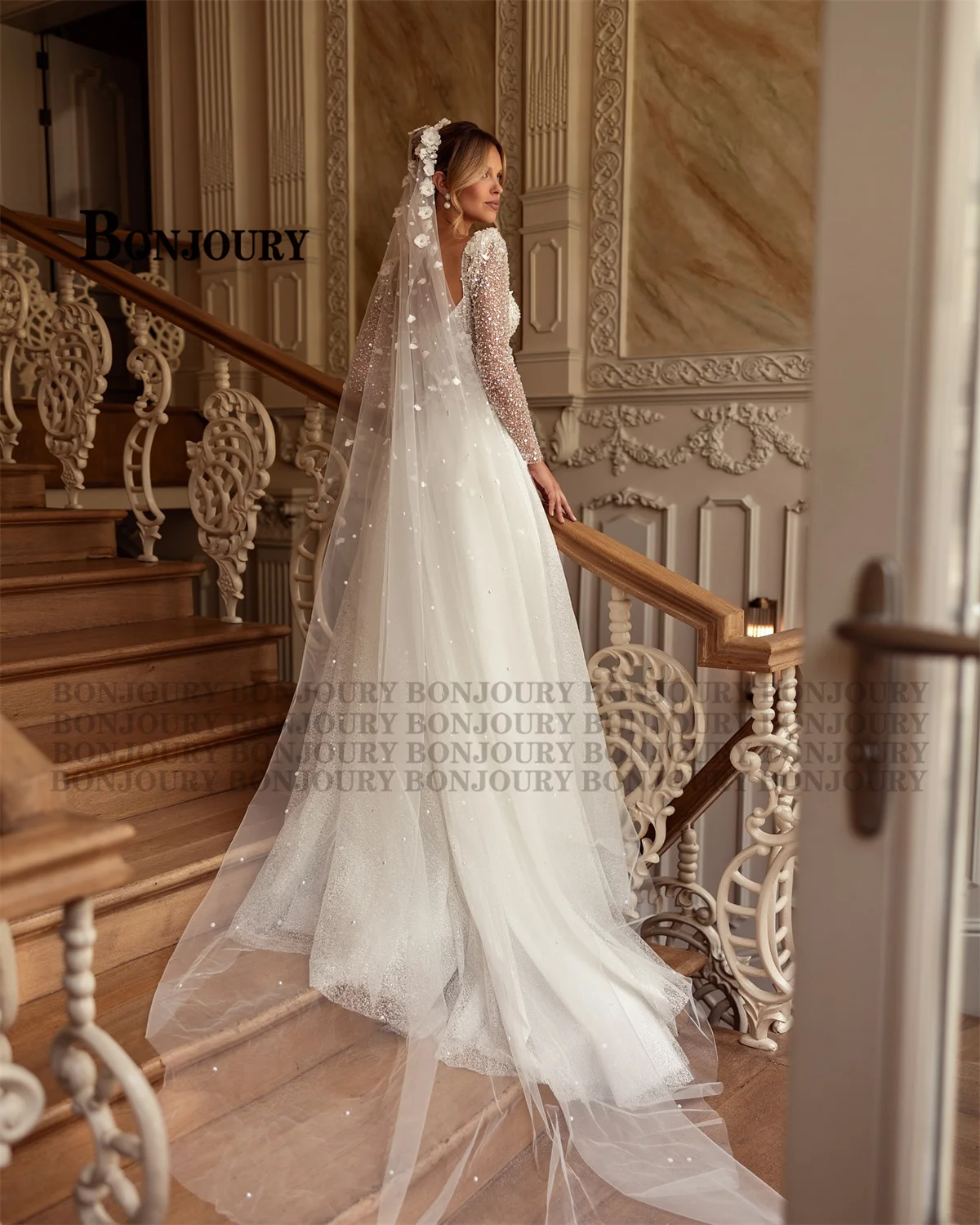 BONJOURY Glamorous A-line Wedding Dresses with Long Sleeves Sweetheart Flower Appliques Sweep Train Vestidos De Noiva Customized