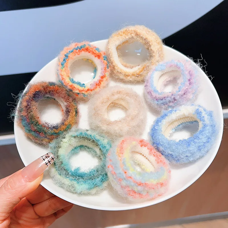 

Autumn Winter Simple Dye Rainbow Color Plush Striped Wide Cloth Elastic Hair Band Girl Cute Simple Durable Ponytail Rubber Ties