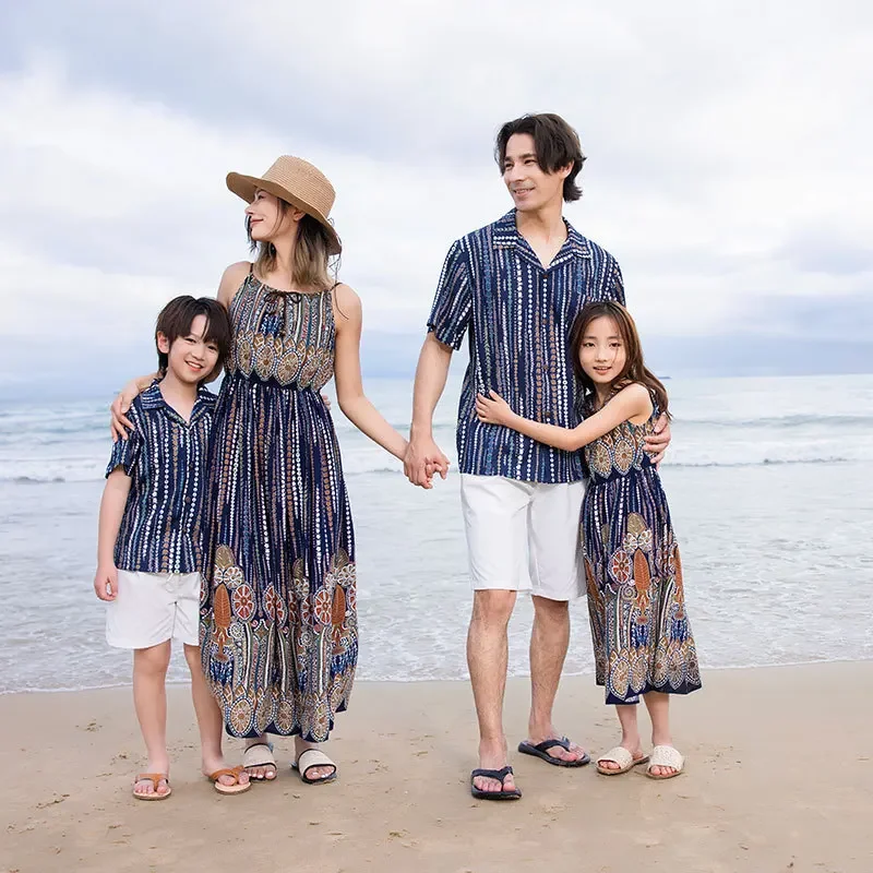

Beach Sets for The Family Resorts Look Mother and Daughter Matching Summer Print Dresses 2024 Father Son Vacation Shirts Outfits