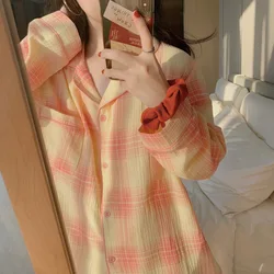 Home Wear Yellow Grid Printed Soft Long-Sleeved Pajamas Suit for Women pajama set women  womens pajamas  lounge wear