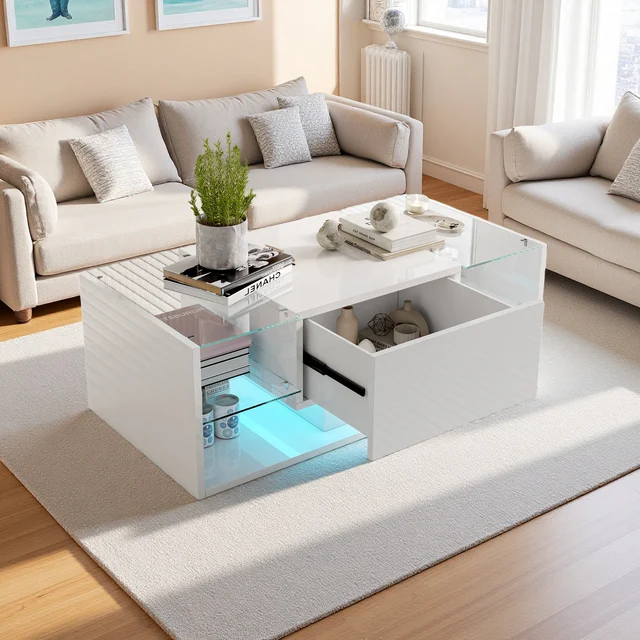 Table basse moderne Fangange avec lumières LED, finition brillante, idéale pour le salon ou le bureau à domicile, blanc/noir 1