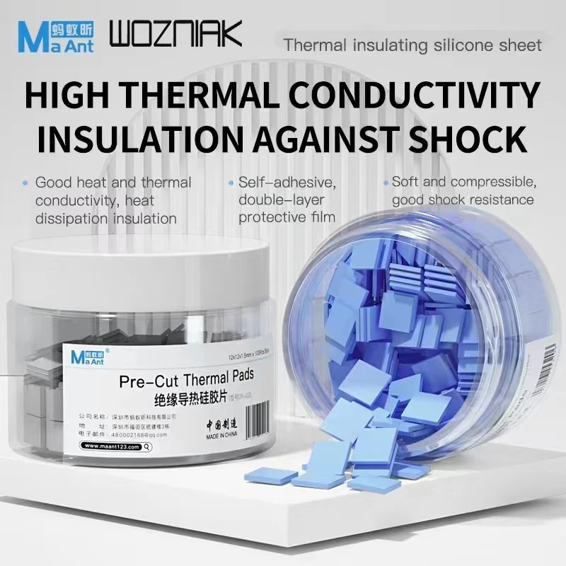MaAnt 100Pcs Thermal Silicone Pads 12x12x1.5mm Pre Cut Mat For Phone Pad Macbook MotherBoard CPU Repair Fast Heat Dissipation