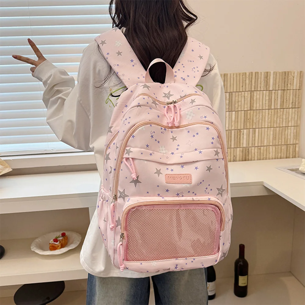 Korean Style Cute Pink Star Print Backpack,Large Capacity Nylon School Bag Adjustable Strap Casual Daypack Travel, and Daily Use 1