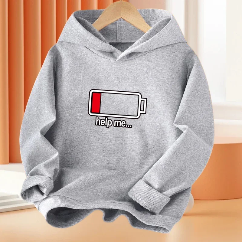 thumbnail image 1 of Nueva sudadera con capucha con estampado de "Ayúdame a tener batería baja" para niños, sudaderas para niños, abrigo básico de hip hop para primavera y otoño, ropa para bebés y niños, 1 of 5