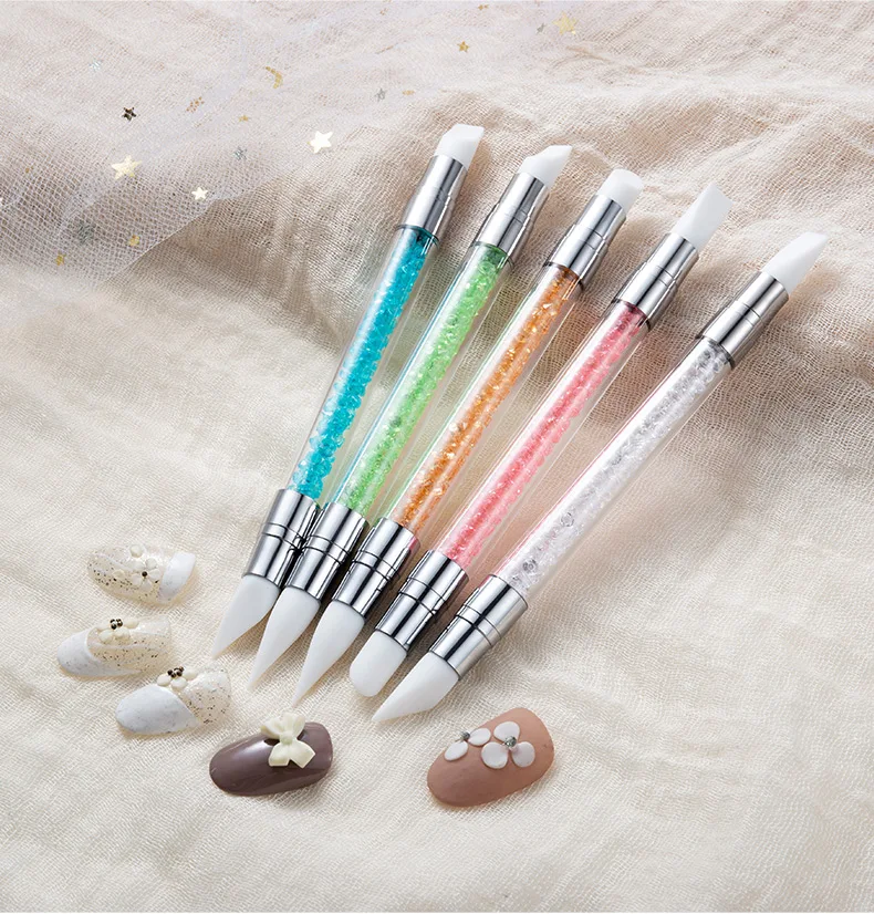 2 Stück Doppelseitiger Silikon-Nagelkunststift, Blumen- und Skulpturenstift mit Kristallgriff, abgewinkelte Spitzen, antihaftbeschichtet, Gel-Prägestift für Maniküre – Detail 13