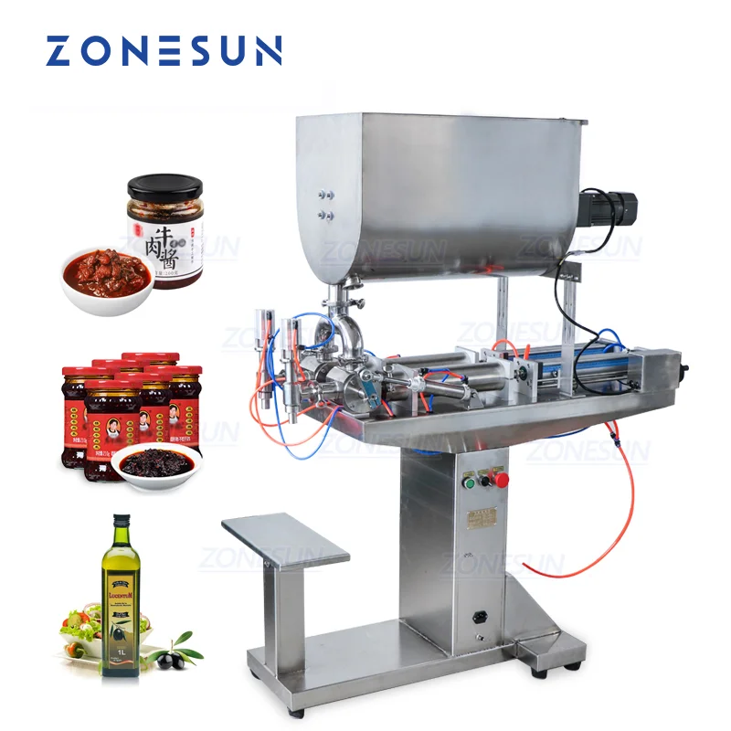 

ZONESUN Semi Automatic 2 Heads Paste Chili Sauce Honey Cream Filling Machine Machinery With Mixing Function