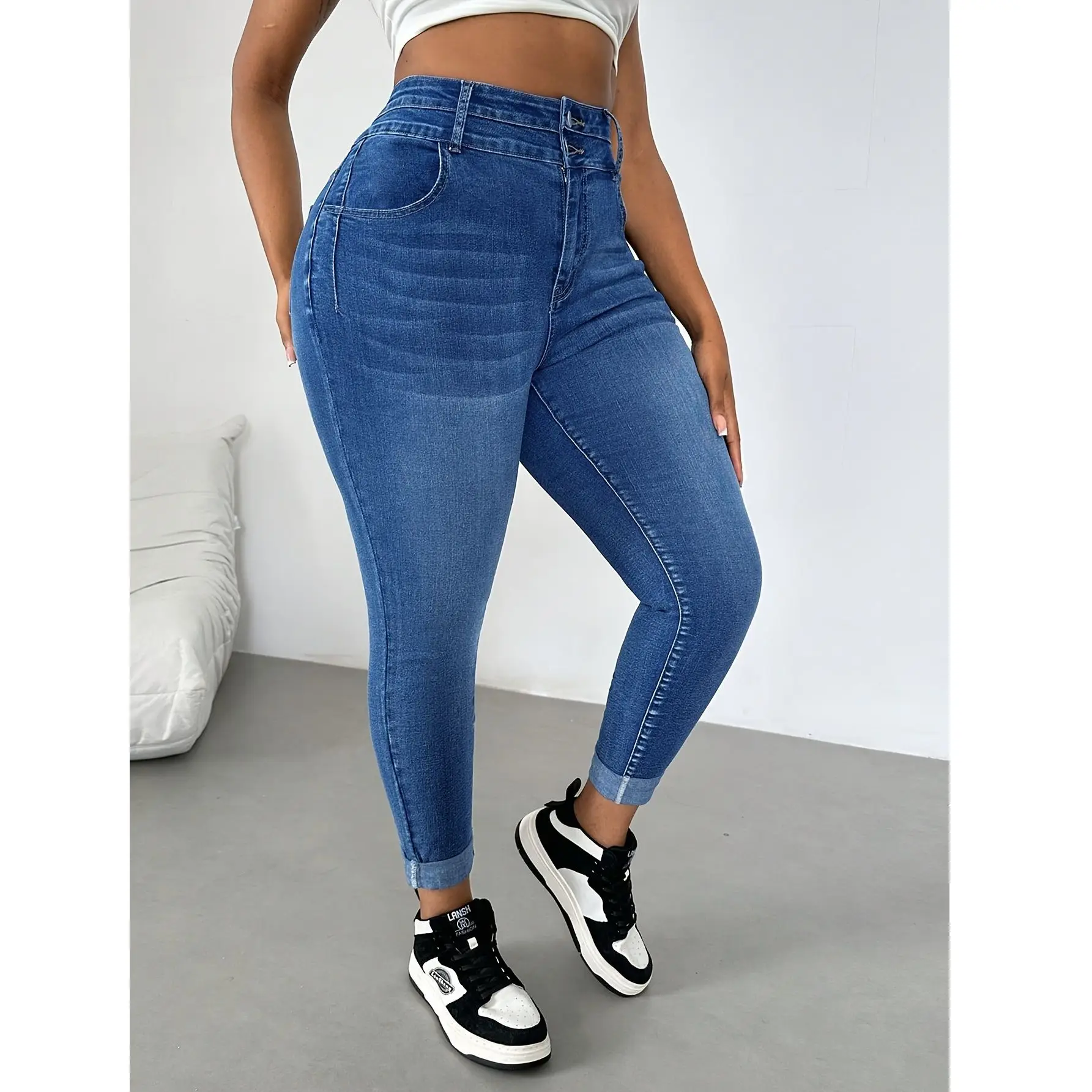 حجم كبير 5XL 4XL أزياء المرأة مثير الجينز قلم رصاص الدينيم السراويل بعقب رفع نمط الأزرق