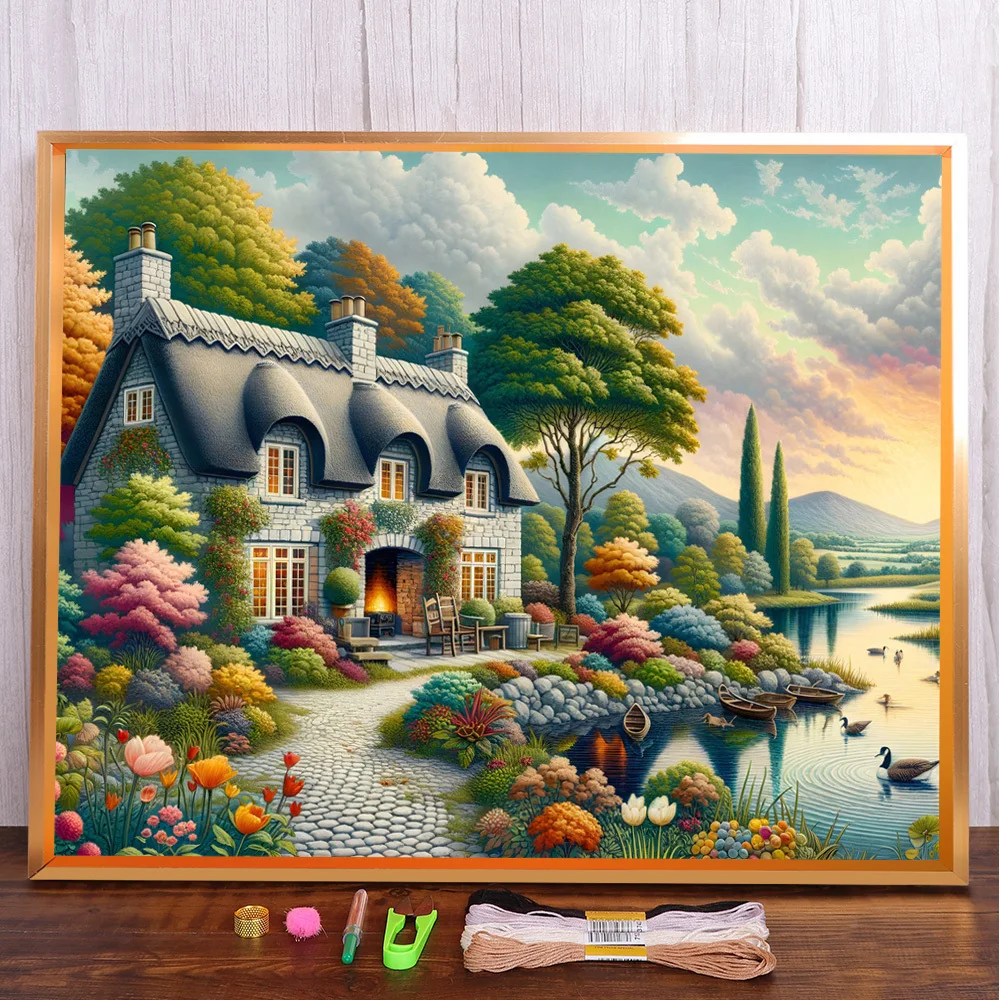 Scenery House By River Printed Fabric Cross Stitch DIY Embroidery Set Painting Handmade Craft Handiwork Stamped Design Package