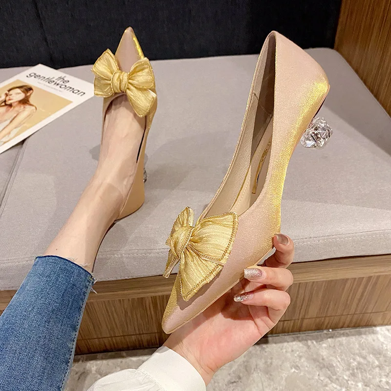 

Temperament Women's Bow Sandals Single Shoes Sweet Pointed Sandals Shallow Mouth Silk Crystal High Heels Dress Casual Shoes 2022