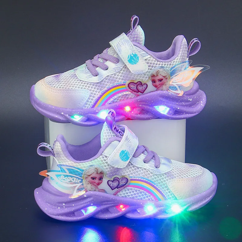 Disney Cartoon Frozen Girls Casual Shoes LED Light Up Sneakers Elsa Princess Shoes Baby Toddler Shoes Girl Present Free Shipping