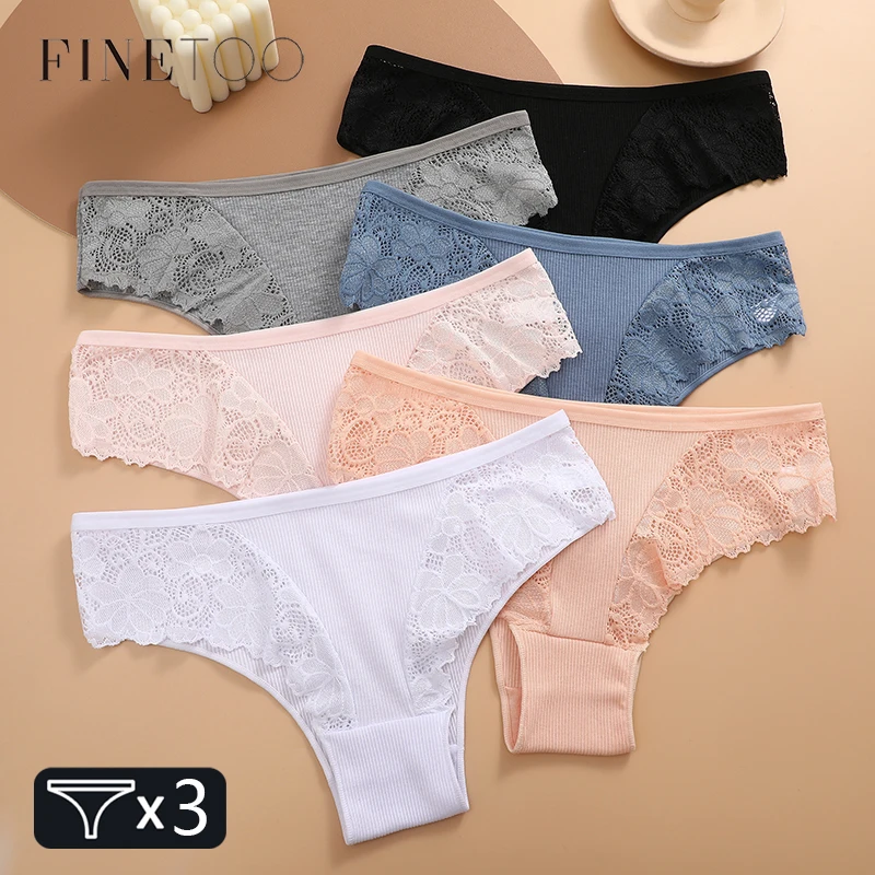 

3Pcs Cotton Brazilian Panties Patchwork Lace Underwear for Women Sexy Low Waist Floral G-string Female Striped Thongs Lingerie