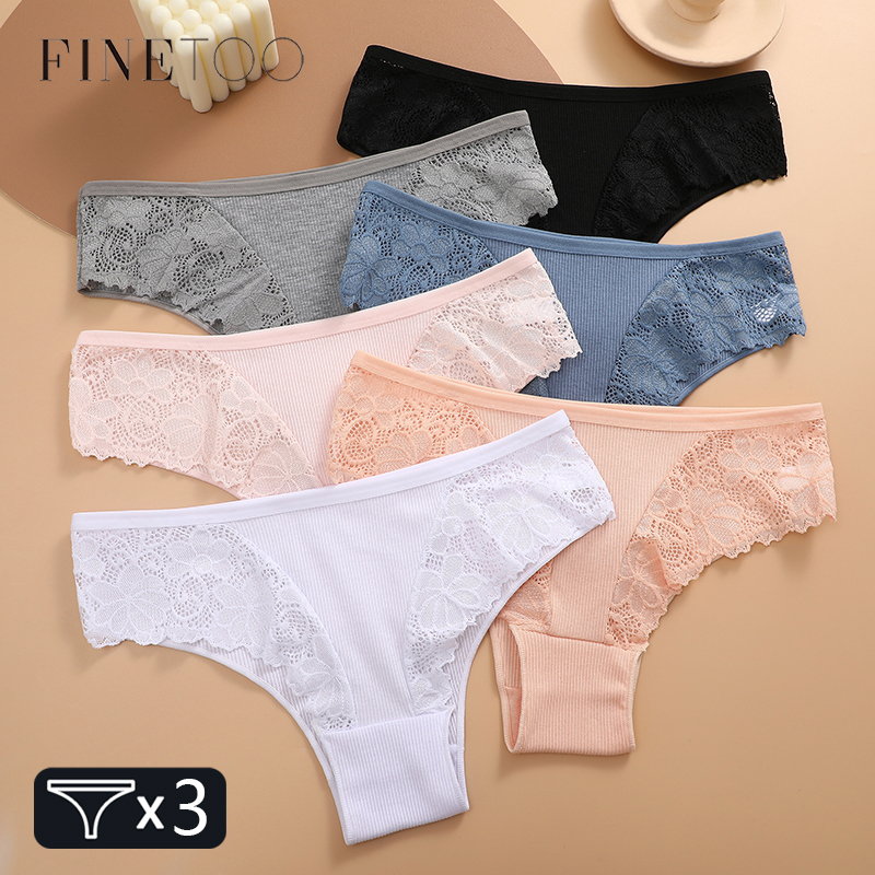 3Pcs Cotton Brazilian Panties Patchwork Lace Underwear Women Sexy Low Waist Floral G-string Female Striped Thongs Lingerie S-M