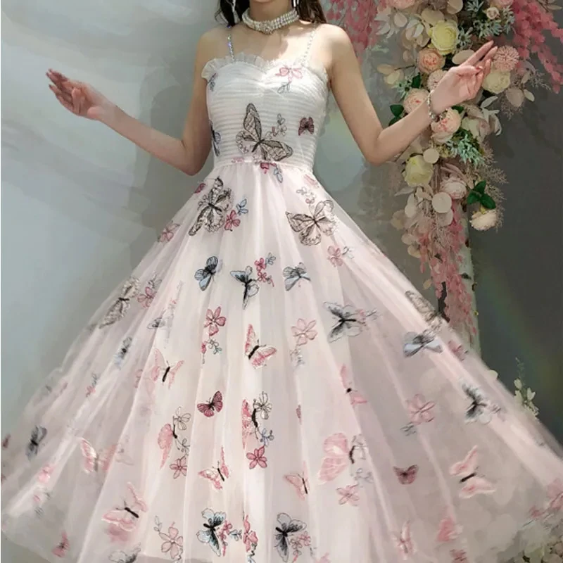 

Dresses For Women 2022 Luxury Brand Designer Embroidered Butterfly Flower Mesh Gauze Halter Dress Female Vestidos De Festa