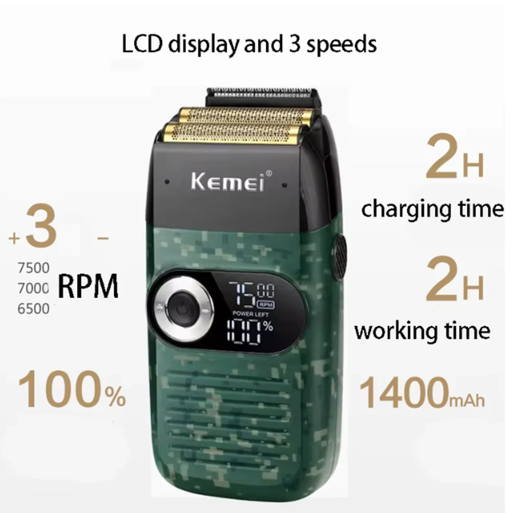 Original Kemei KM-2026 KM-2027 2 In 1 Rechargeable Electric Shaver LCD Reciprocating Razor For Men USB Charging Beard Trimmer