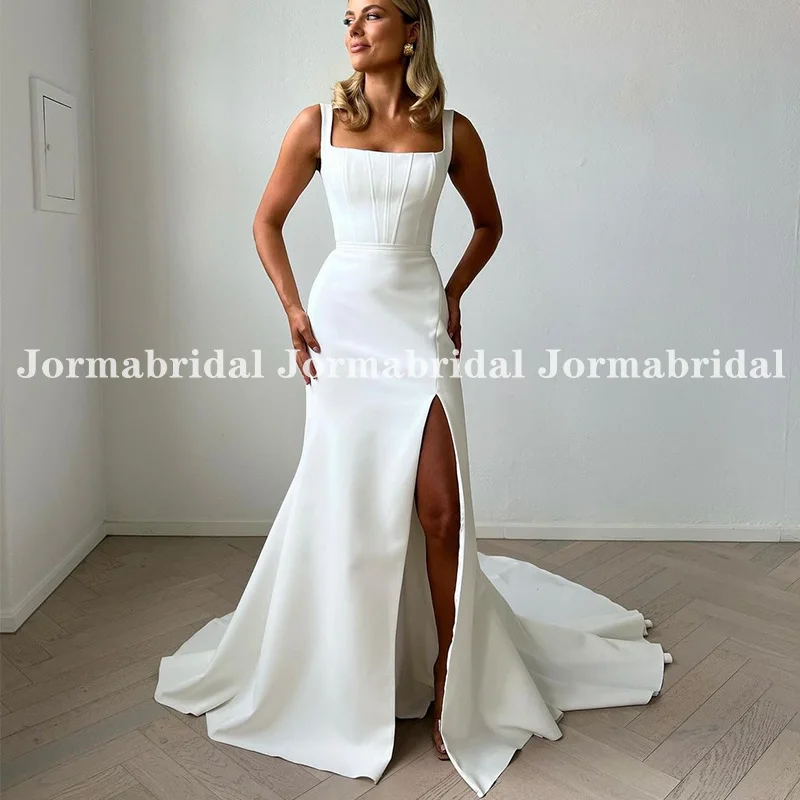 

Женское свадебное платье-русалка, длинное пляжное платье из крепа с квадратным вырезом и разрезом, лето 2024