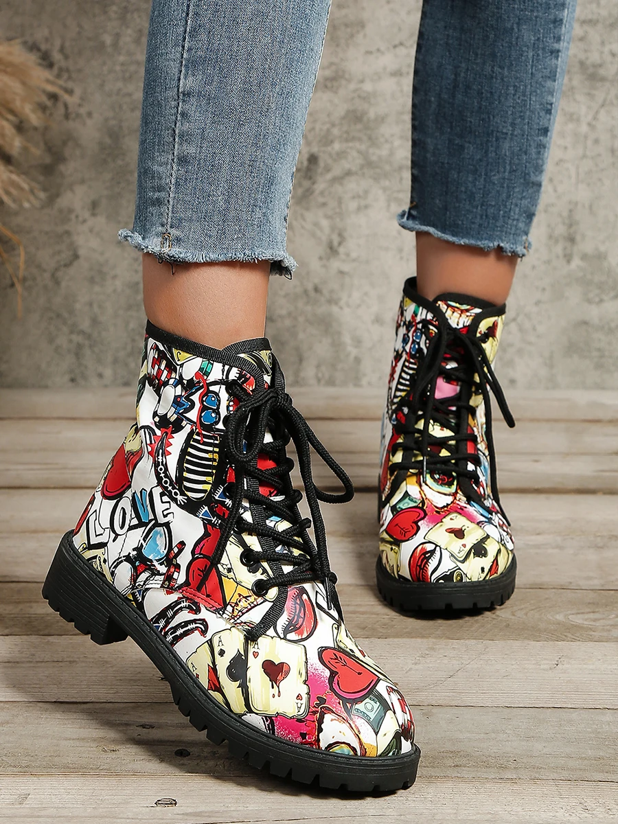 

Женские резиновые ботинки, женская обувь, круглый носок, шнуровка, дождь, дамские, рок Лолита, низкие, элегантные лодыжки, большой размер, на каблуке, граффити, ПУ