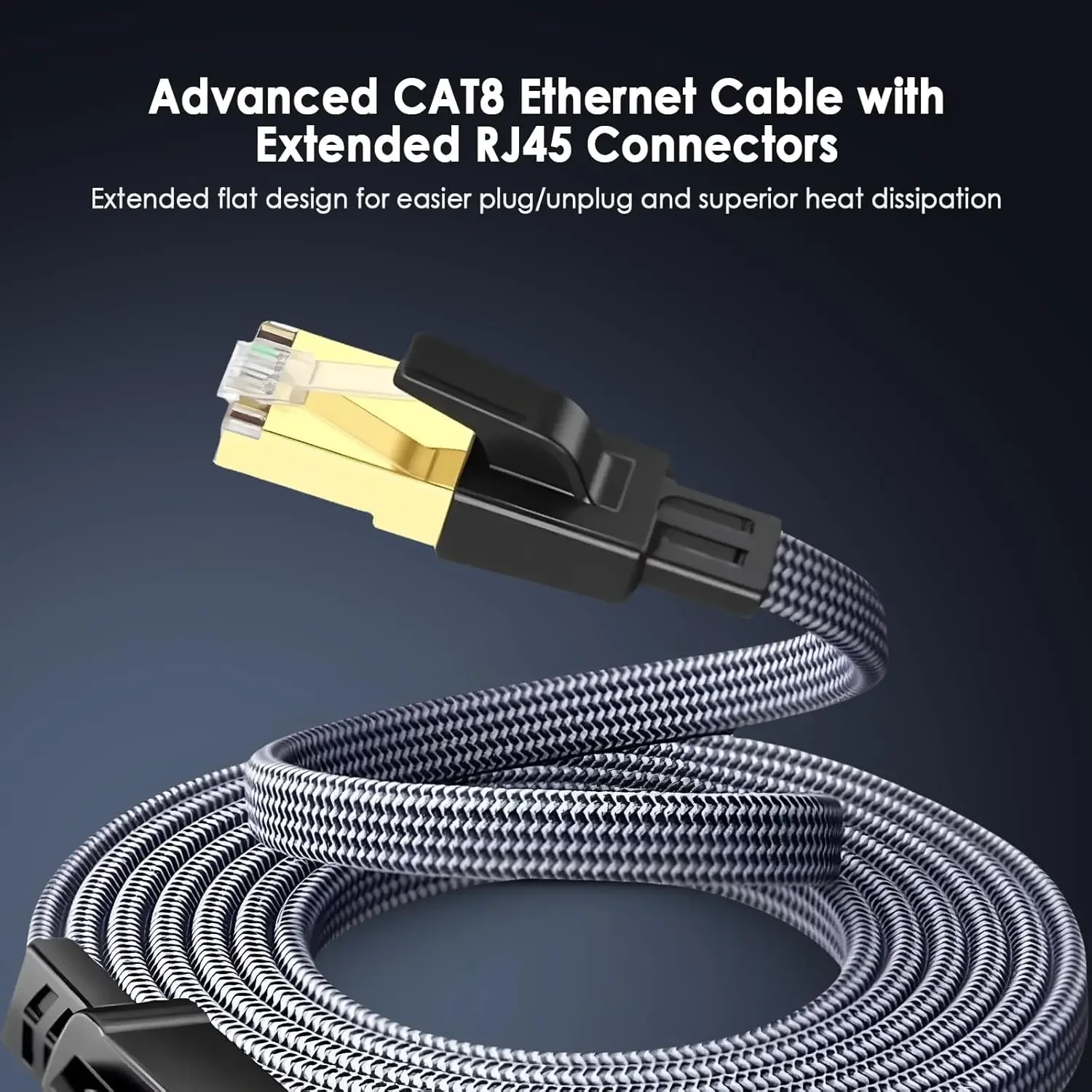 CAT8 Nylon Braided Ethernet Cables Flat High Speed 40Gbps 2000Mhz Internet Cable Network Cord with Gold Plated RJ45 Connector