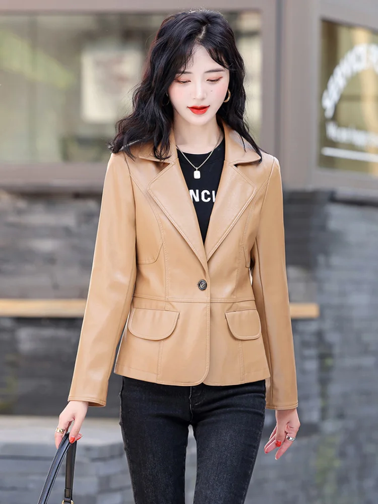 M-4XL New Women Sheepskin Blazer Spring Autumn Fashion Turn-down Collar Slim Split Leather Jacket Classic Single Button Coat