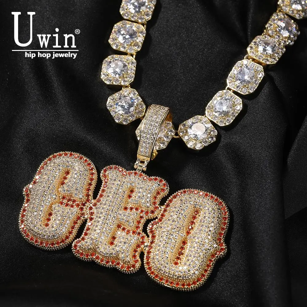 UWIN Bone Letters Necklaces Iced Out Sky Blue Cubic Zircon Letters Pendant Personalized Fashion Hip Hop Jewelry for Gift