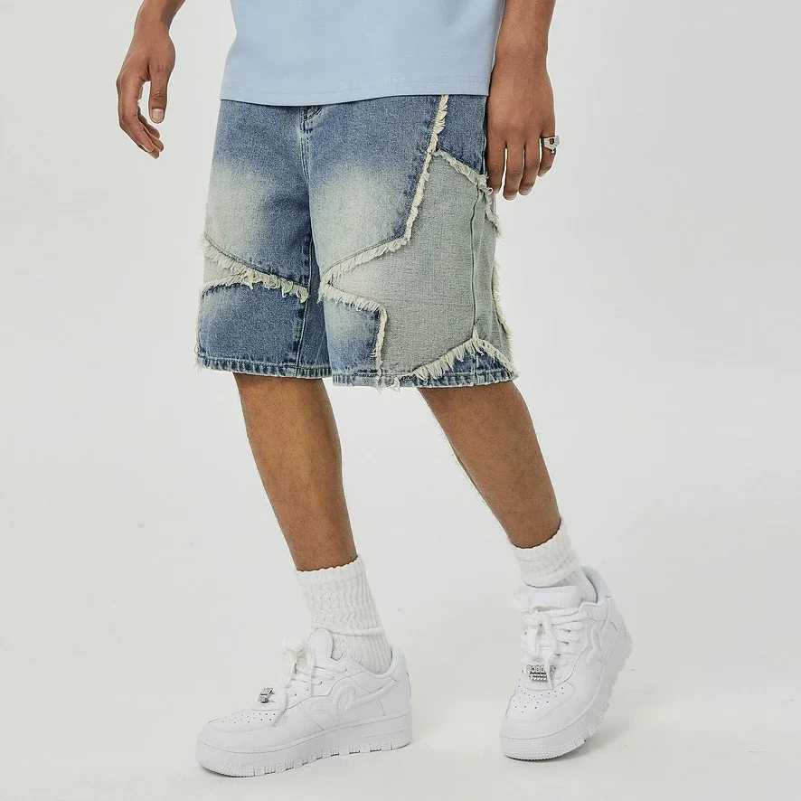 Washed Stars Patchwork Baggy Jeans Shorts for Men High Street Wide Leg Straight Casual Denim Five Point Pants Oversized