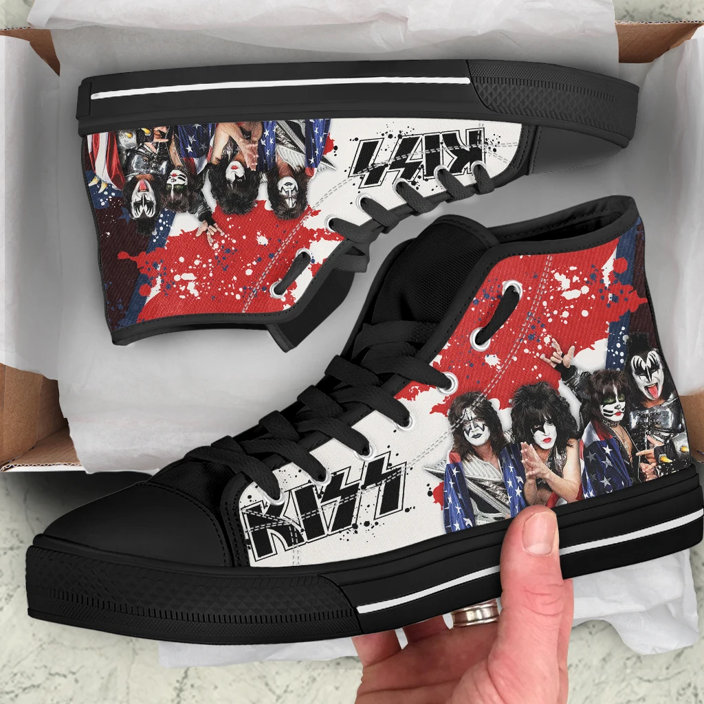 INSTANTARTS New Kiss Rock Band Design High Top Canvas Shoes Men Women Casual Classic Sneakers Lace-up Flat Shoes Casual Walkings