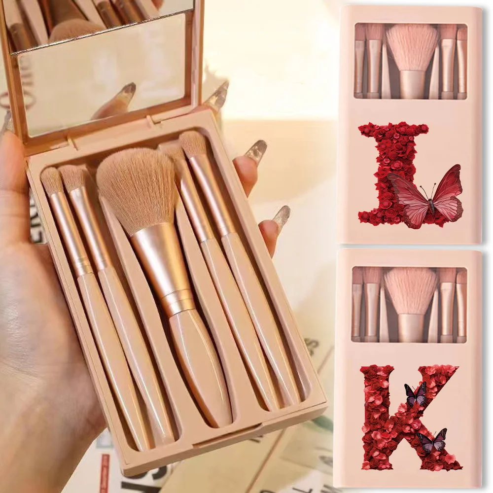 

5 Pcs Women Cosmetic Brush Kit With Mirror Organizer Case Makeup Brushes Container Portable Storage Box Red Rose Letter Pattern