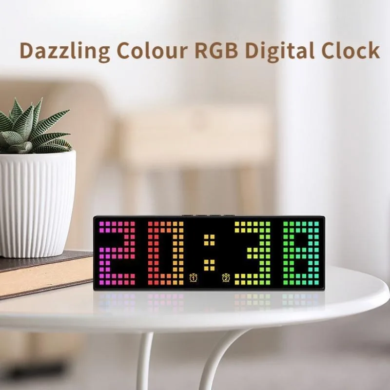 Description Picture 3 of itemUSB Powered RGB Digital Wall Clock Voice Control Date Snooze Table Clock 2 Alarms Timing Countdown 12/24H Electronic LED Clock