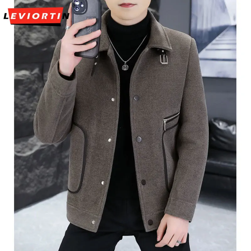 

2023 Winter style plush and thick men's trend casual cashmere lapel zipper short, handsome and versatile fashionable new style