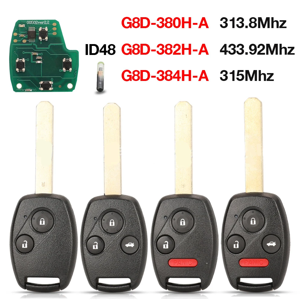 1pc ID48 Chip Smart Remote Key 313.8/315/433.92Mhz for Honda Accord City Odyssey Jazz Fob G8D- 380H-A /382H-A /384H-A remote car key circuit board id46 id48 g8d 384h a for honda accord cr v hr v fit city jazz odyssey shuttle civic 315 433 313 8