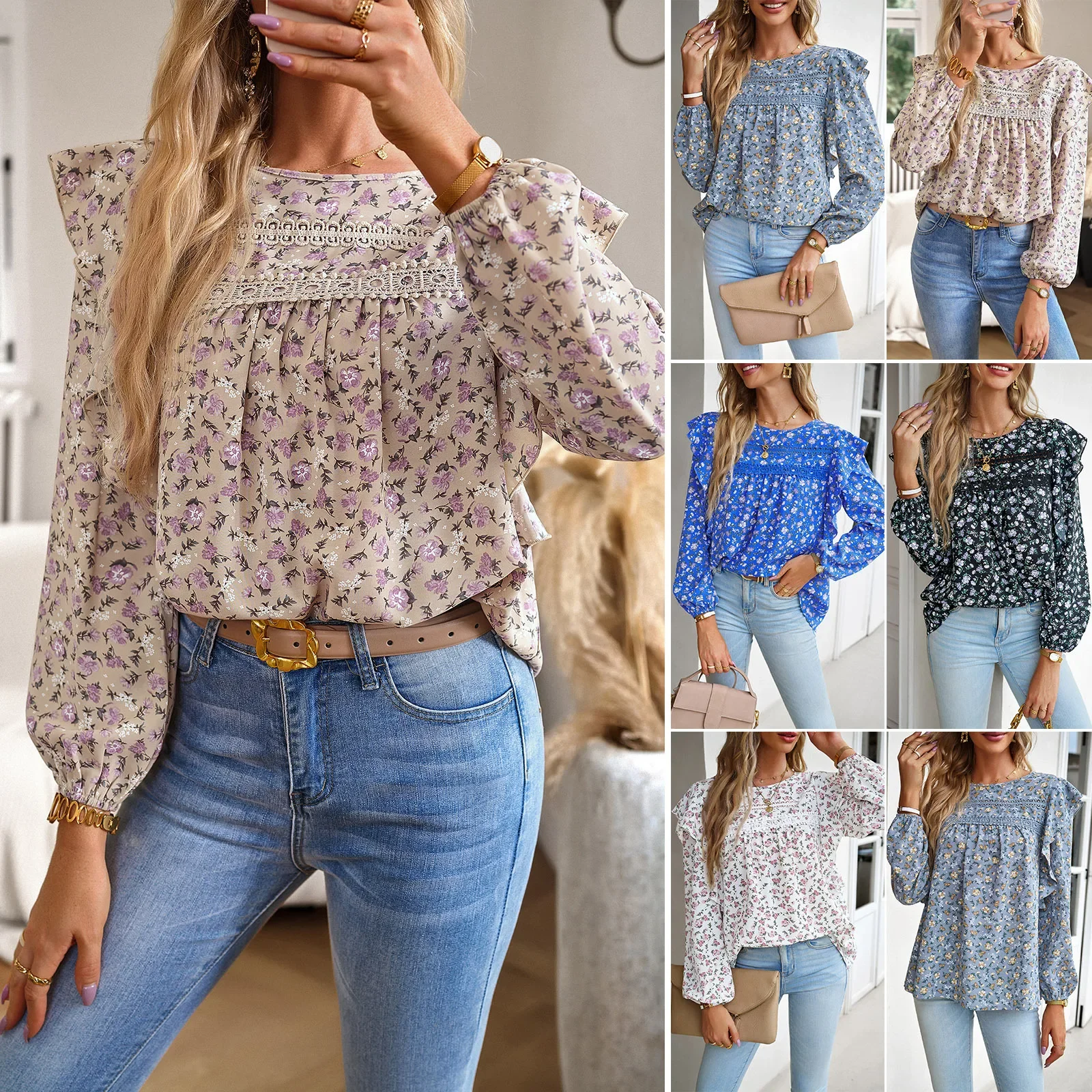 

New Long Sleeve Women Blouse O-neck Floral Tops Flounce Chiffon T-shirt Brand Casual Loose Female Blouses Temperament Clothes