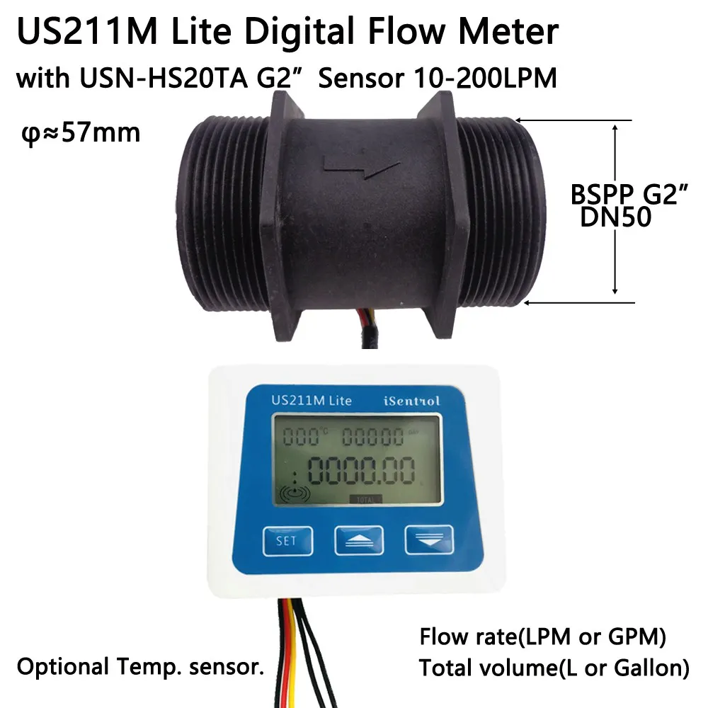 US211M Lite USN-HS20TA 10-200L/min 2" Digital Flow Meter Flow Reader Compatible with all our hall effect water flow sensor