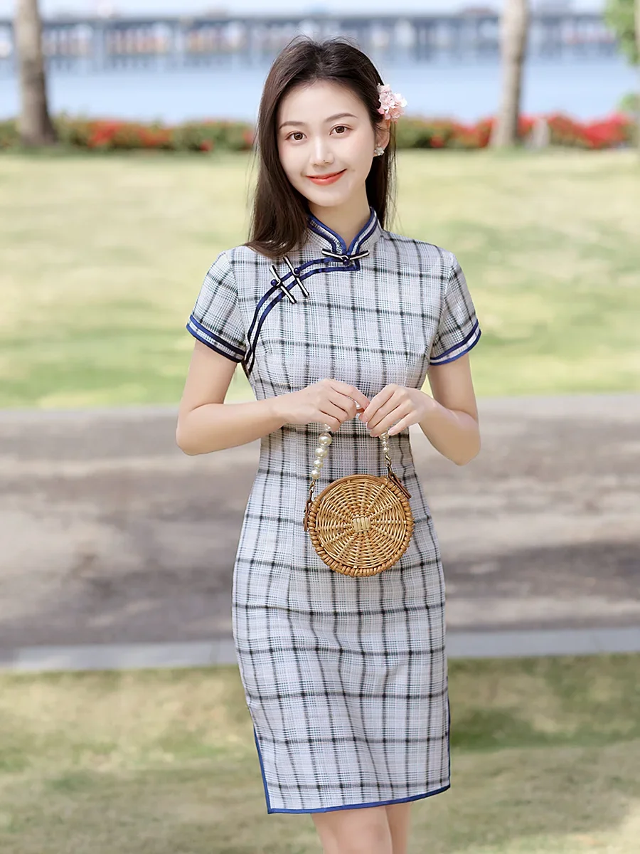 

Женское короткое клетчатое платье-Ципао разных цветов на выбор, летнее винтажное платье с коротким рукавом, Размеры M-4XL
