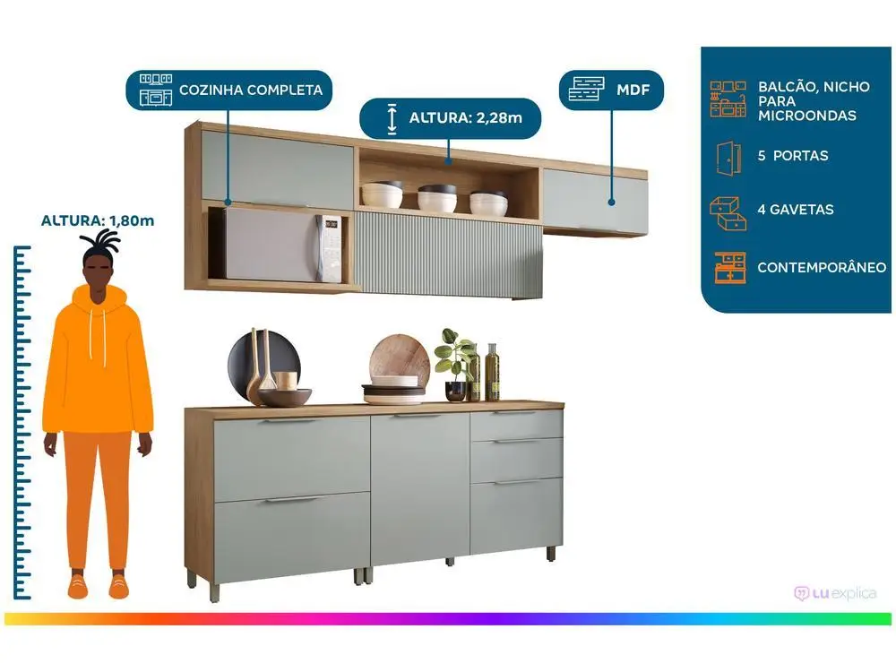 Cozinha Completa Nesher Duquesa 100% MDF com Balcão 5 Portas 4 Gavetas 2