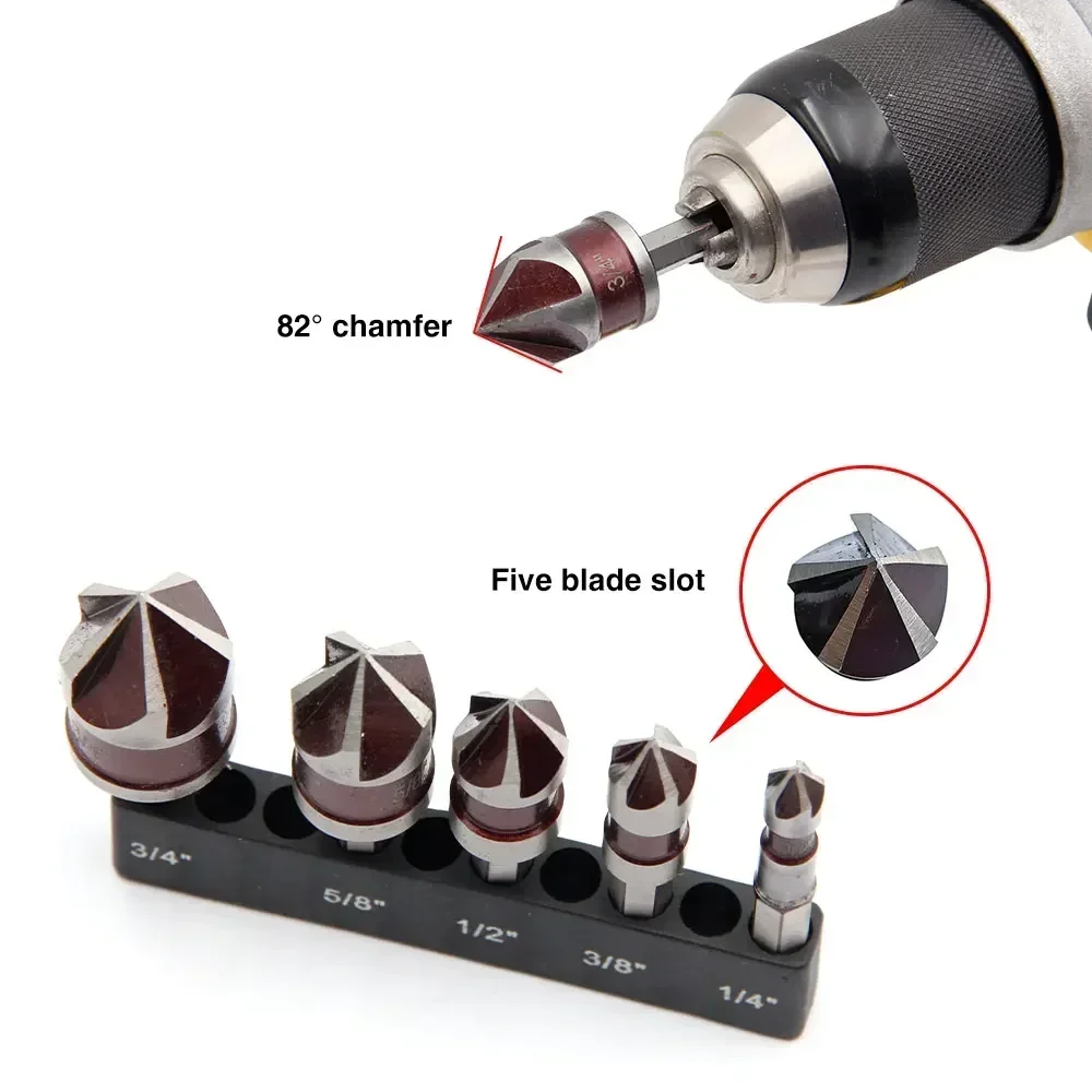 5 Flute Countersink Drill Bit Set 1/4'' Hex Shank 82 Degree Taper Wood Metal Hole Cutter Deburring Chamfering Trimmer Tools
